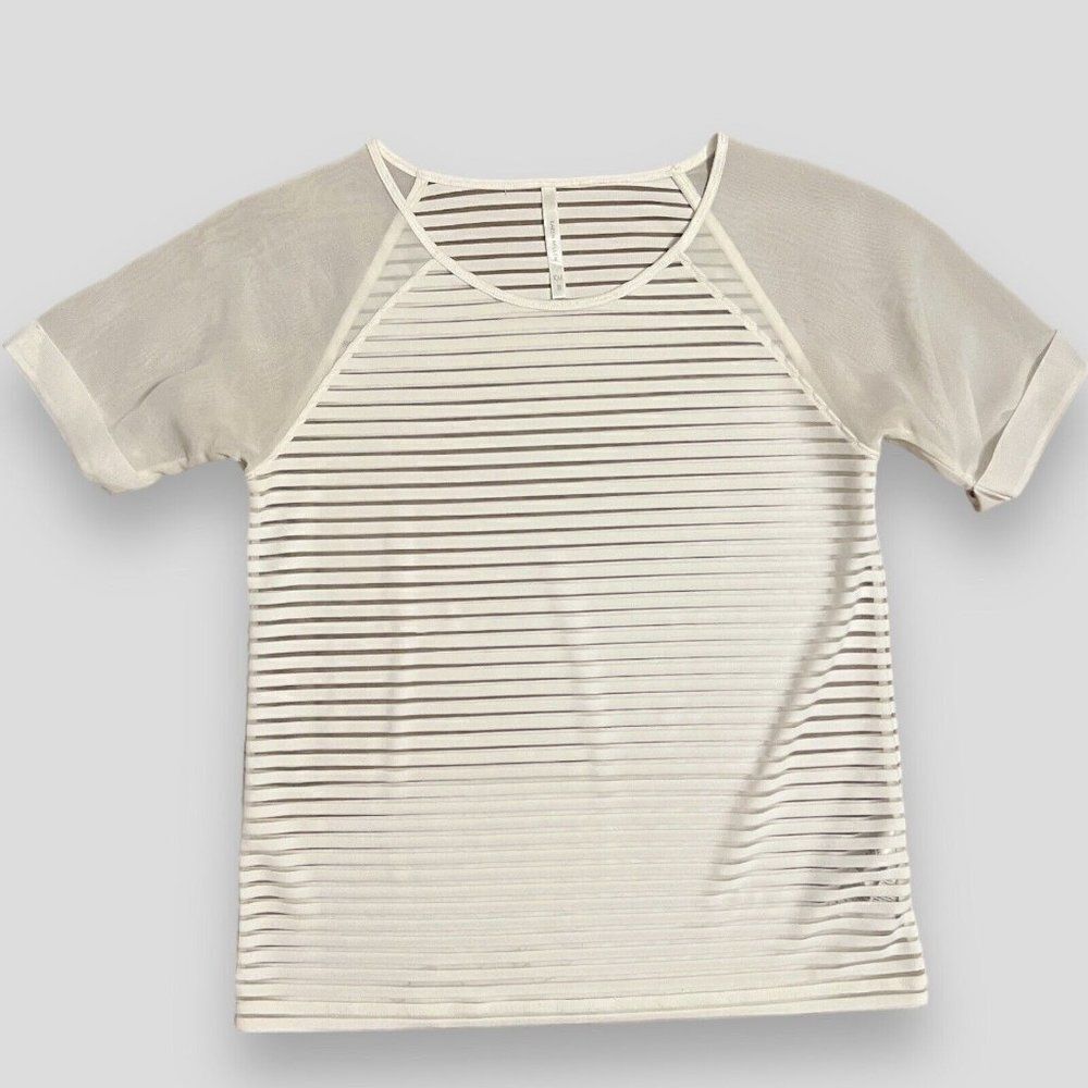 KAREN MILLEN Blouse Women’s‎ 4 White Striped Semi Sheer Short Sleeve